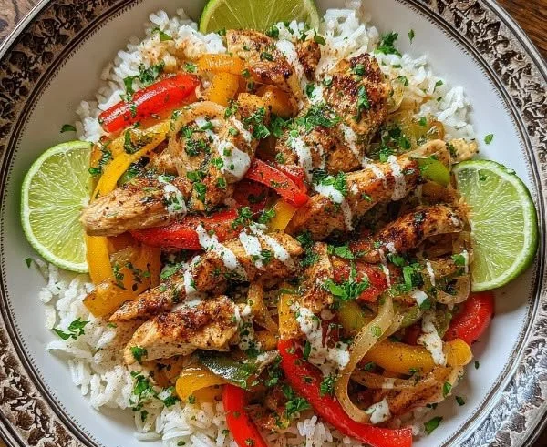 Colorful Chicken Fajita Rice Bowls with bell peppers and spices