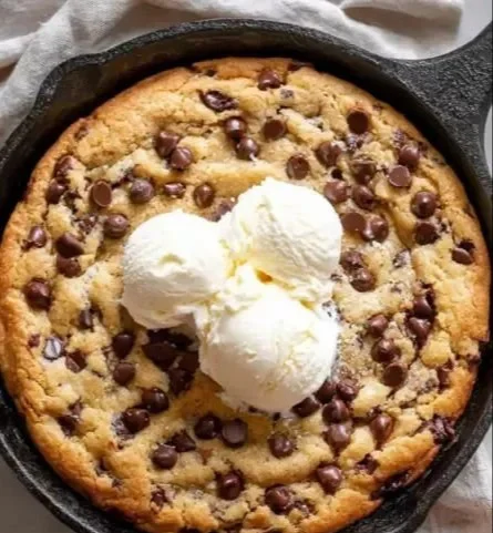 Delicious chocolate chip skillet cookie fresh from the oven