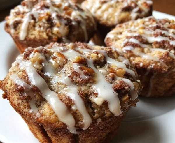 Healthy cinnamon roll protein muffins with icing on top
