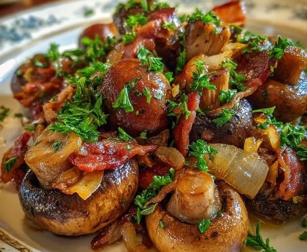Delicious Cowboy Mushrooms cooked with bacon and onions