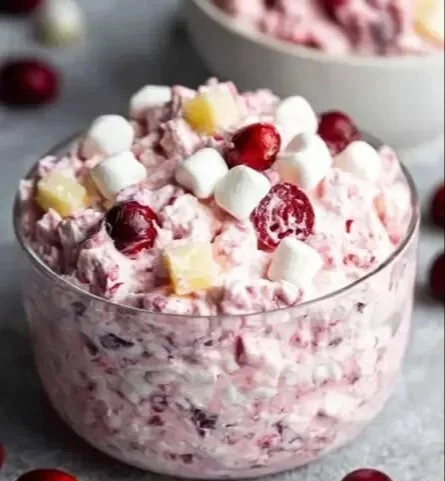 Cranberry Fluff Salad served in a bowl with whipped cream and cranberries
