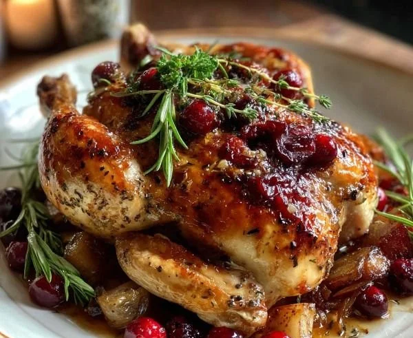 Cranberry Maple Roast Chicken garnished with herbs and served on a wooden platter.