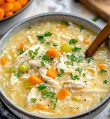 A bowl of creamy chicken rice soup with fresh herbs and vegetables