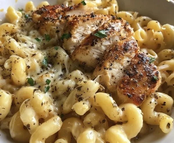 Creamy Honey Pepper Chicken Mac and Cheese topped with herbs and spices