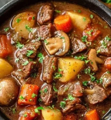 Delicious Crock Pot beef stew simmering in a bowl with vegetables and herbs