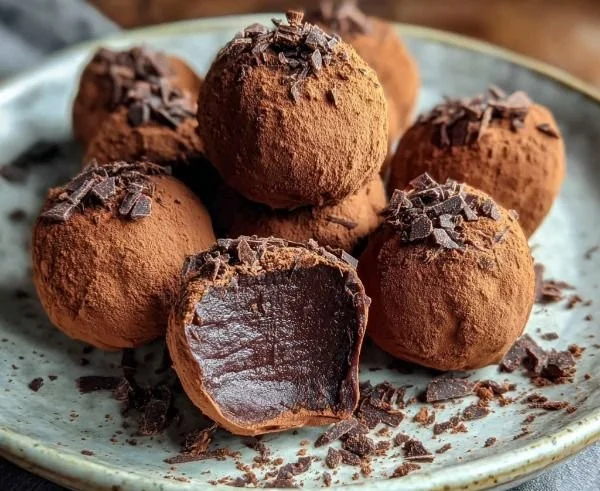 Dark chocolate espresso truffles with ganache filling on a white plate