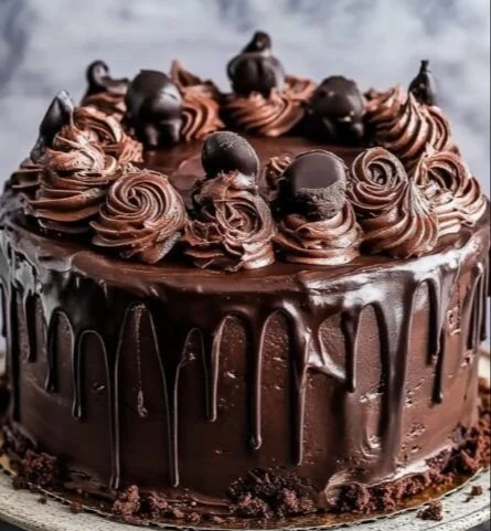 Decadent Death by Chocolate Cake topped with chocolate ganache and decorations