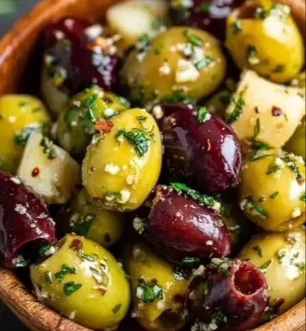 Garlic and herb marinated olives served in a bowl, perfect appetizer idea