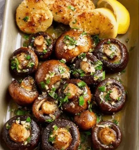 Delicious garlic butter roasted mushrooms served in a rustic bowl