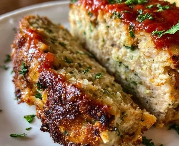 Delicious Garlic Parmesan Chicken Meatloaf served with herbs