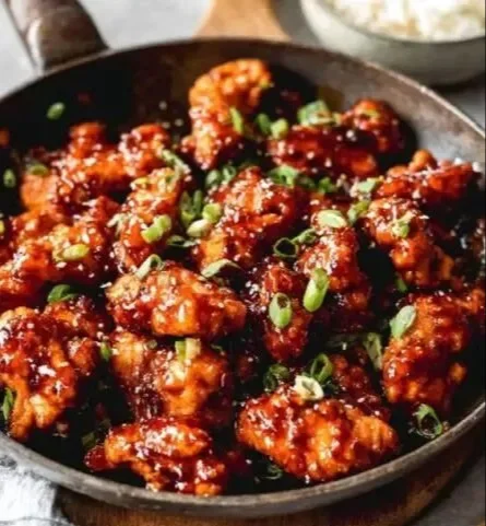 Delicious General Tso's Chicken served with broccoli and rice