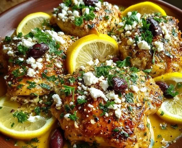 Delicious Greek Lemon Chicken with Feta served on a plate.