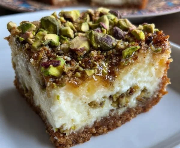 Greek pistachio cheesecake bars topped with honey and pistachios.