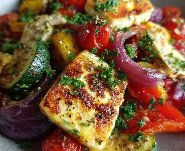Grilled Halloumi served with colorful roasted vegetables and lemon dressing