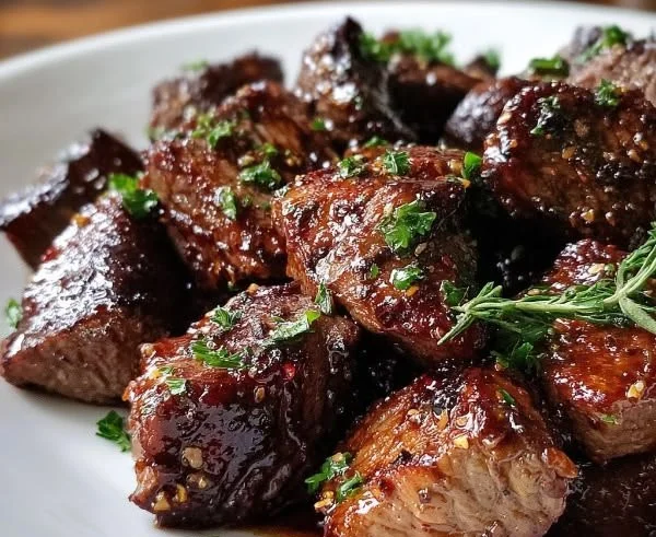 Healthy garlic balsamic high-protein steak bites served in a bowl