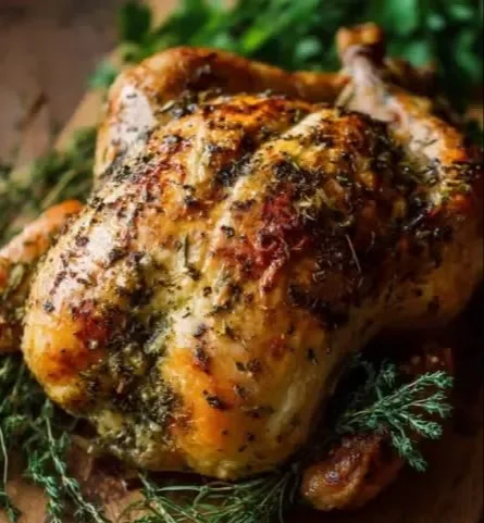 Delicious herb-roasted whole chicken garnished with fresh herbs