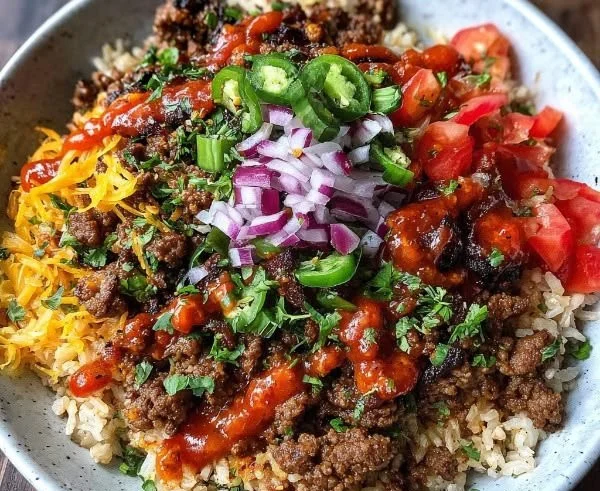 High Protein Ground Beef Power Bowl topped with fresh vegetables and grains.