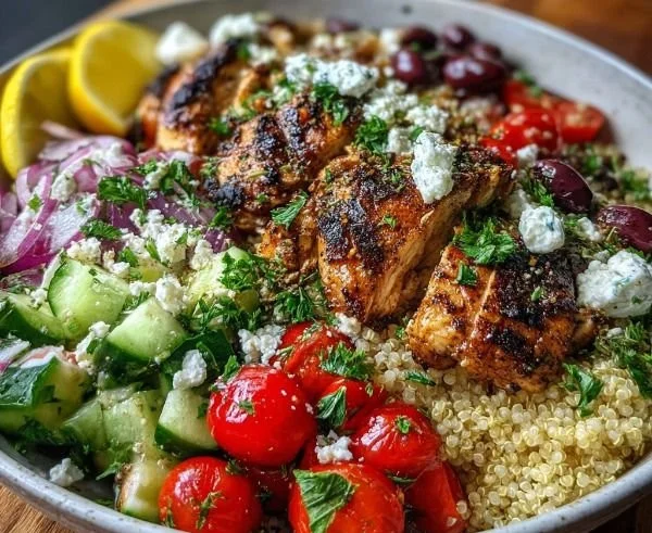 High-protein Mediterranean chicken bowls with fresh ingredients and vibrant colors