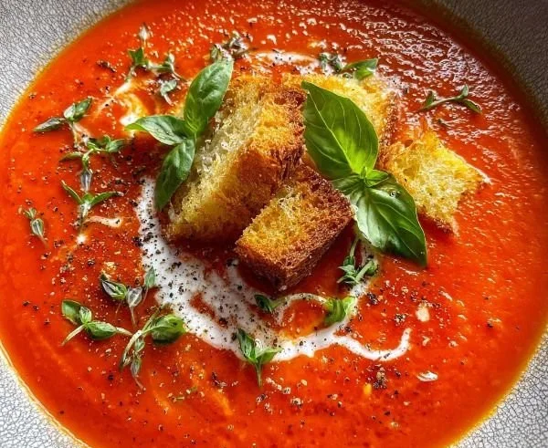 Bowl of homemade tomato soup topped with fresh basil