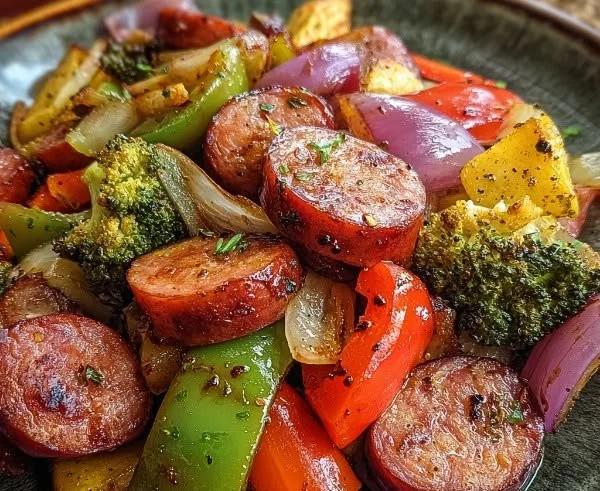 Plate of Honey Garlic Kielbasa with colorful mixed veggies