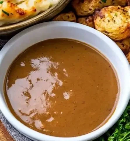 Homemade gravy made with roux, served on a plate with roast dinner.