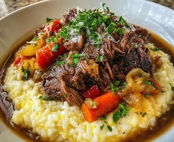 Italian-Inspired Pot Roast served with creamy risotto on a rustic table