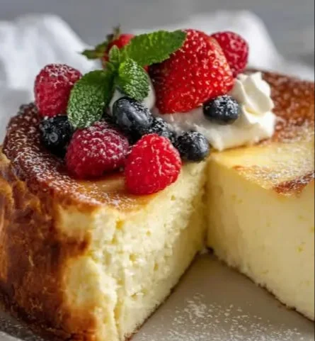 Slice of Italian Ricotta Cheesecake on a plate with fresh berries