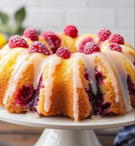 Freshly baked Lemon Raspberry Bundt Cake garnished with raspberries and lemon zest.