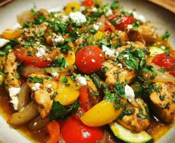Mediterranean Chicken Stir Fry with fresh vegetables and herbs in a skillet.