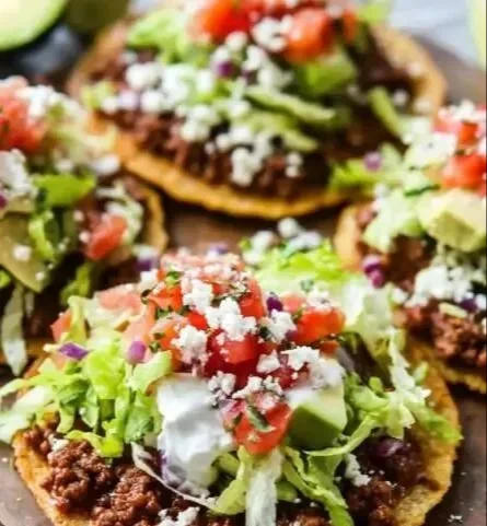 Delicious Mexican Tostadas topped with fresh ingredients and herbs