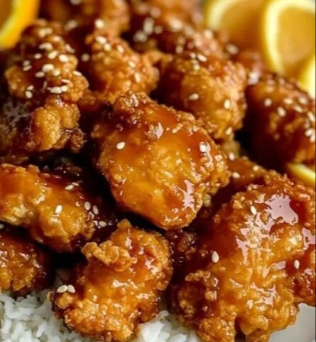 Homemade Orange Chicken served with rice and vegetables
