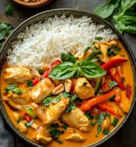 A bowl of Panang Chicken Curry served with rice and garnished with fresh herbs.
