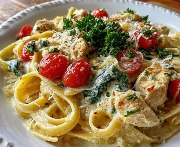 Delicious Parmesan Chicken Pasta served in a bowl