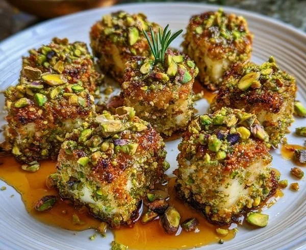 Pistachio-Crusted Brie Bites served on a plate
