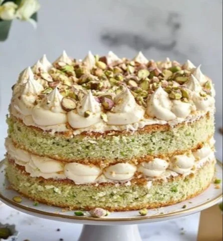 Slice of Pistachio Dacquoise Cake with layers of meringue and cream
