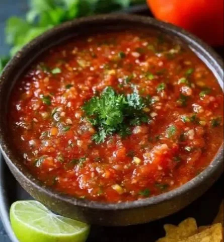 Bowl of fresh restaurant-style salsa with colorful ingredients on a wooden table