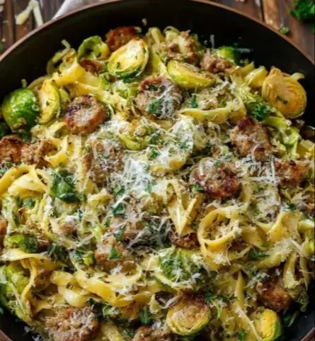 Sausage pasta with Brussels sprouts and Parmesan cheese in a serving bowl