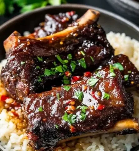 Delicious slow-cooked short ribs with a sticky glaze served on a plate