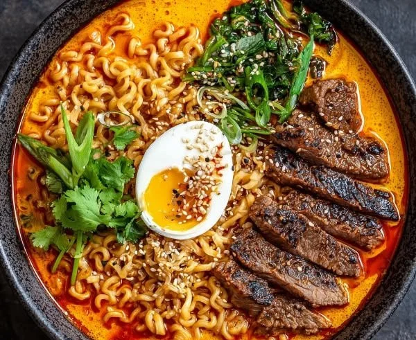Spicy Korean ramen with grilled beef and creamy sauce served in a bowl