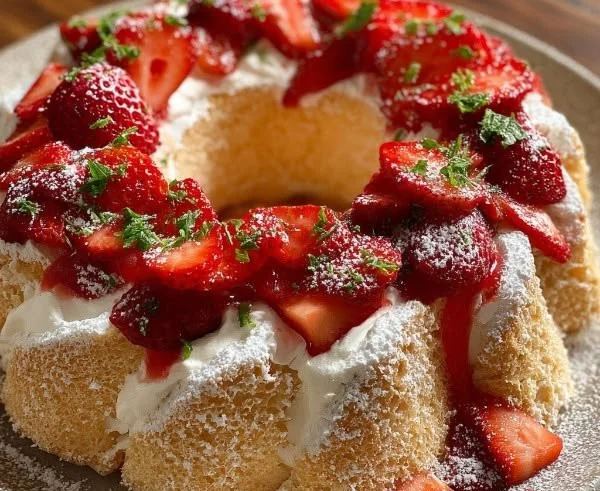 Slice of strawberry angel food cake topped with fresh strawberries and whipped cream