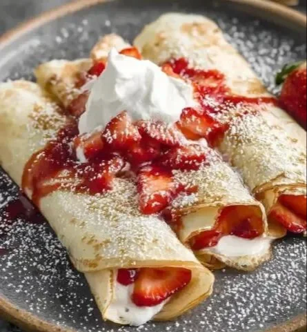 Delicious homemade strawberry crepes topped with fresh strawberries and whipped cream