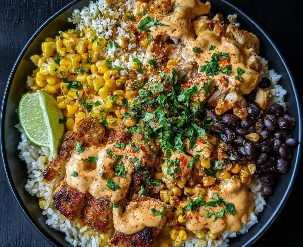 Delicious Street Corn Chicken Bowls topped with fresh ingredients.