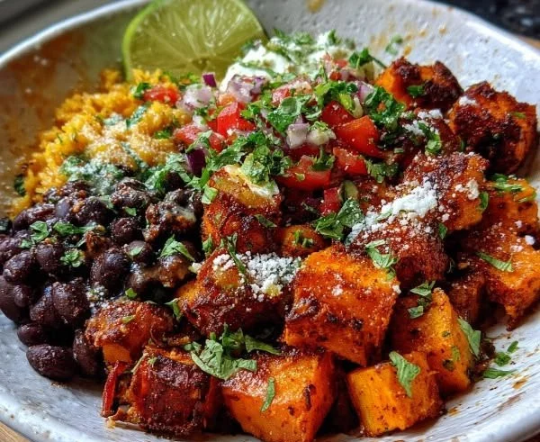 Delicious Sweet Potato Taco Bowl topped with fresh ingredients in a bowl