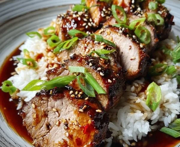 Juicy Asian Pork Tenderloin garnished with herbs and served on a plate