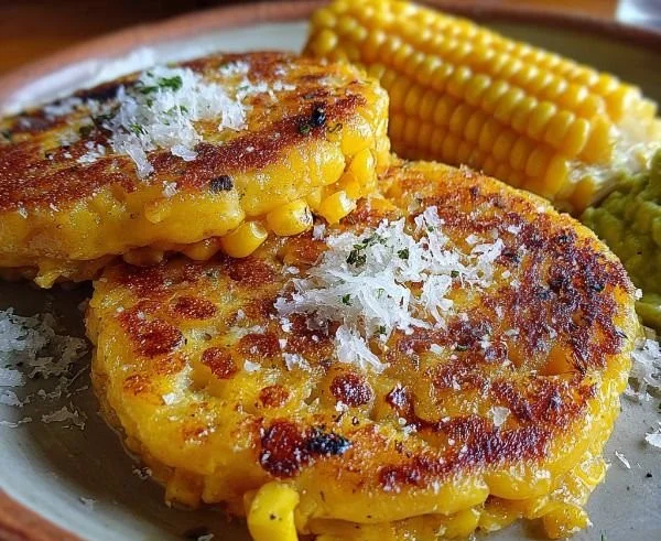 Venezuelan sweet corn cachapas topped with melty cheese on a plate