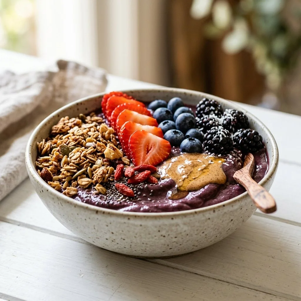 A colorful acai bowl topped with fresh fruit and granola, showcasing a healthy meal option.