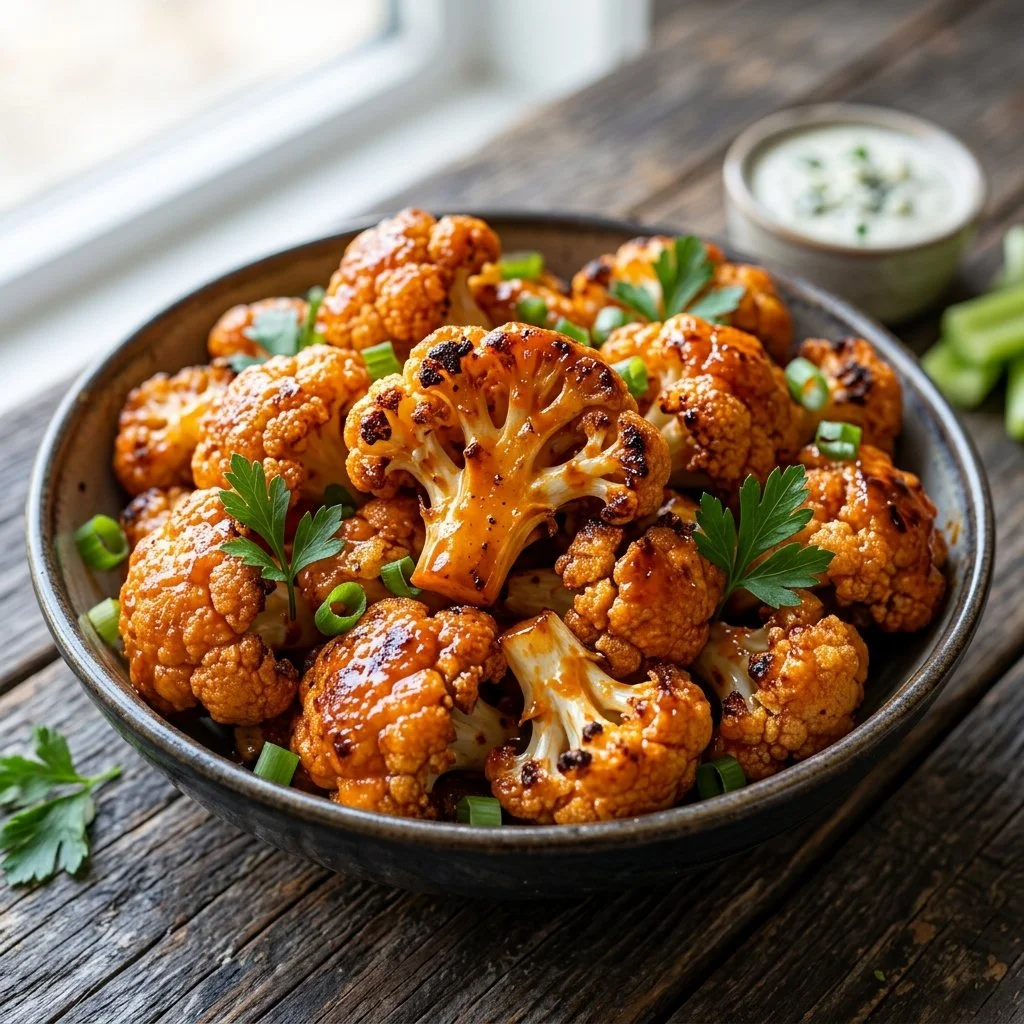 Crispy Air Fryer Buffalo Cauliflower served as a spicy appetizer.
