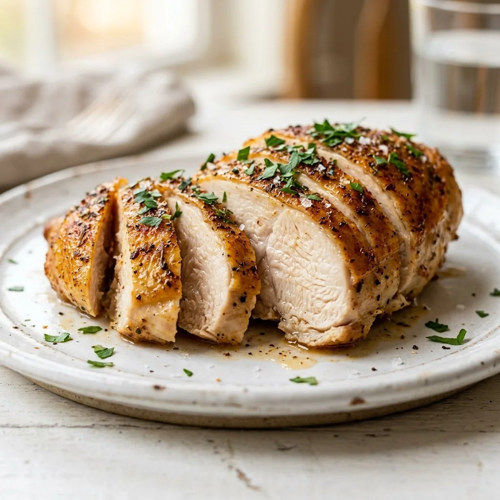 Crispy air fryer chicken breast served on a plate with herbs and lemon.