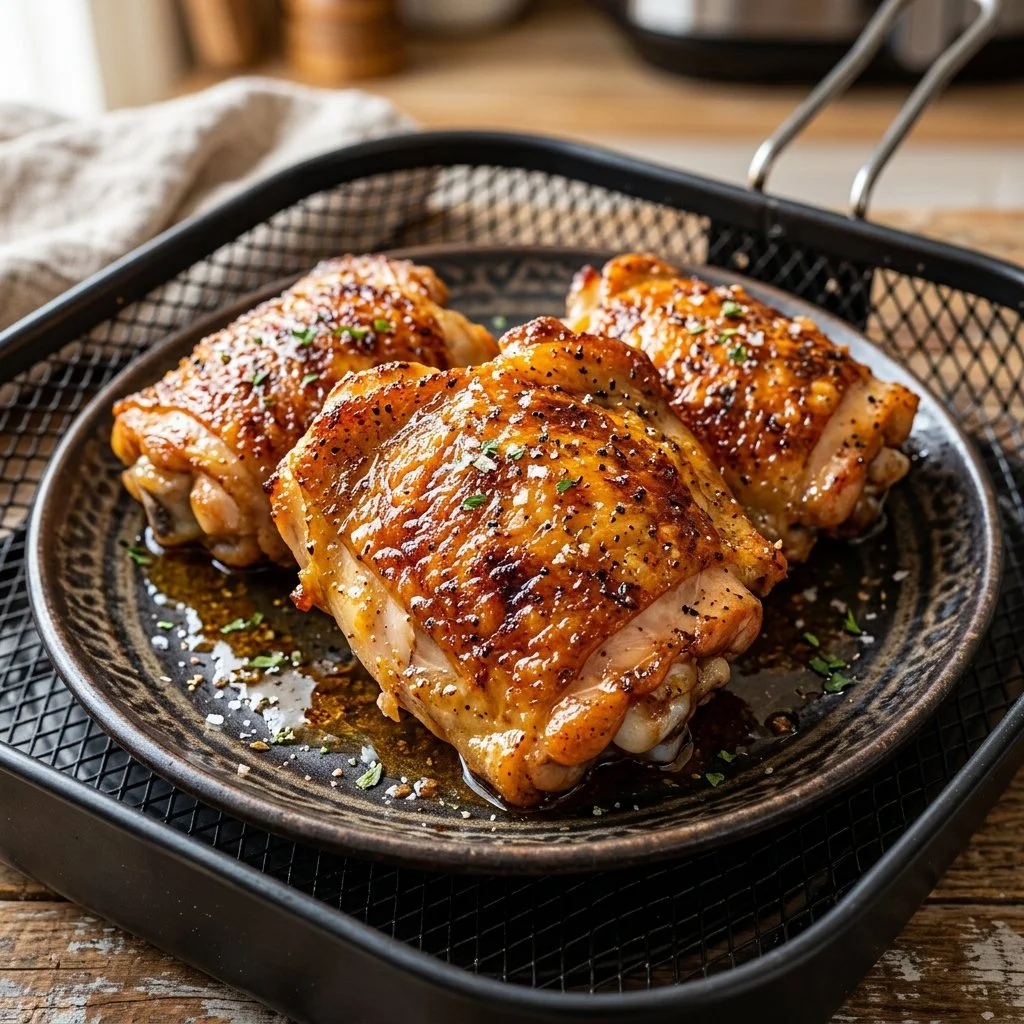 Crispy air fryer chicken thighs served on a plate with herbs and vegetables.