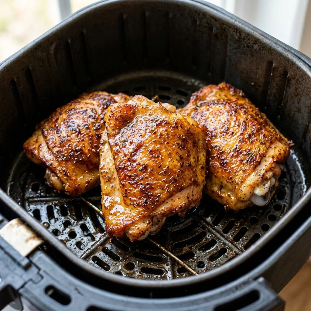 Crispy air fryer chicken thighs ready to serve with flavorful seasoning